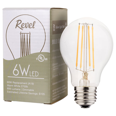 Revel LED 6W Dimmable Light Bulb (60W replacement), Warm White 2700K 806LM