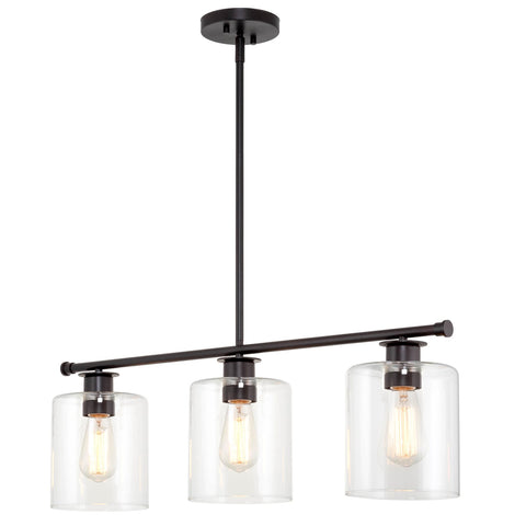 Kira Home Sloane 31" 3-Light Modern Industrial Farmhouse Island Light + Clear Glass Cylinder Shades, Adjustable Hanging Height, Oil Rubbed Bronze