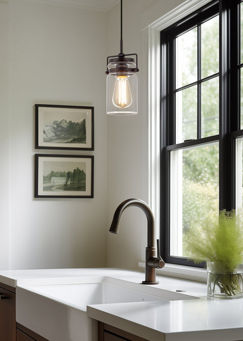 Kira Home Wyer 8" Modern Industrial / Farmhouse Pendant Light + Mini Clear Glass Cylinder Shade, Dimmable Adjustable Wire, Oil Rubbed Bronze Finish