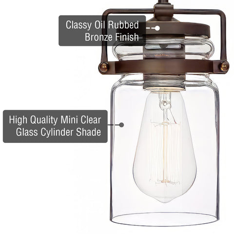 Kira Home Wyer 8" Modern Industrial / Farmhouse Pendant Light + Mini Clear Glass Cylinder Shade, Dimmable Adjustable Wire, Oil Rubbed Bronze Finish