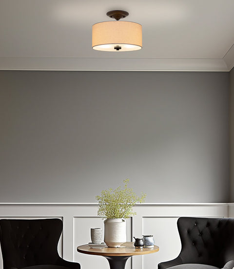 Kira Home Addison 13" 2-Light Semi-Flush Mount Ceiling Light Fixture with Off-White Fabric Drum Shade, Bronze Finish