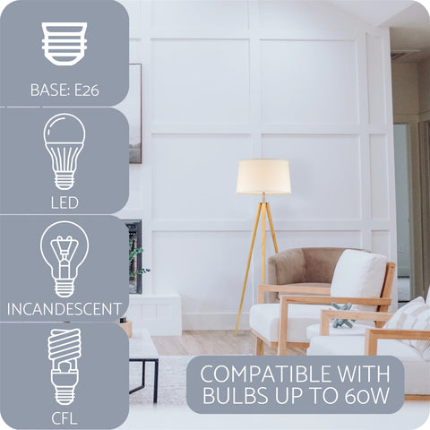 Kira Home Grace 60.5" Mid Century Modern Tripod LED Floor Lamp + Energy Efficient 9W Bulb, White Fabric Shade, Pine Style Wood Finish