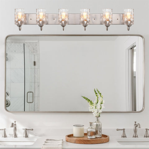 Kira Home Armada II 48" 6-Light Modern Over Mirror Vanity / Bathroom Light, Hammered Glass Shades, Traditional Curved Arms, Brushed Nickel Finish