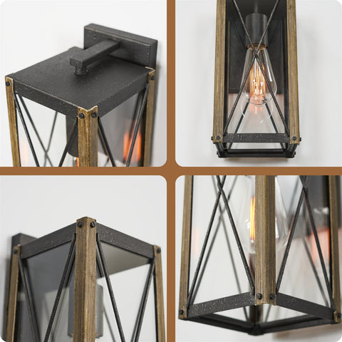 Kira Home Layne 13" Rustic Traditional Outdoor Weather Resistant Wall Sconce + Rectangular Glass Panels, Weathered Oak Wood Style + Textured Black Finish