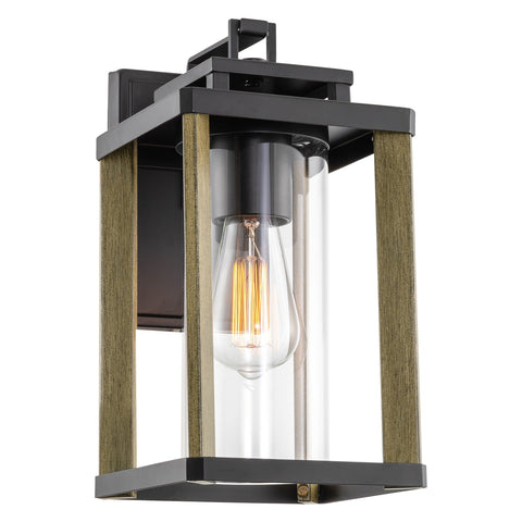 Kira Home Thayer 13" Modern Outdoor Weather Resistant Wall Sconce + Cylinder Glass Shade, Smoked Birch Wood Style + Black Finish
