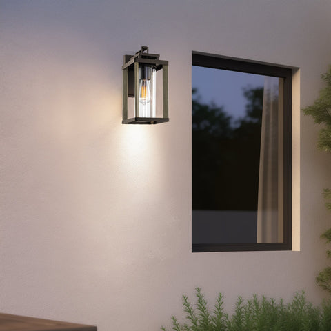 Kira Home Thayer 13" Modern Outdoor Weather Resistant Wall Sconce + Cylinder Glass Shade, Smoked Birch Wood Style + Black Finish