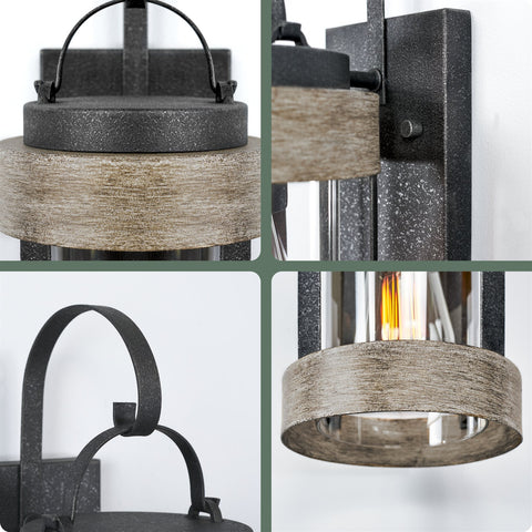Kira Home Rochester 13.5" Modern Indoor Outdoor Wall Sconce + Cylinder Glass Shade, Weathered Oak Wood Style + Textured Black Finish