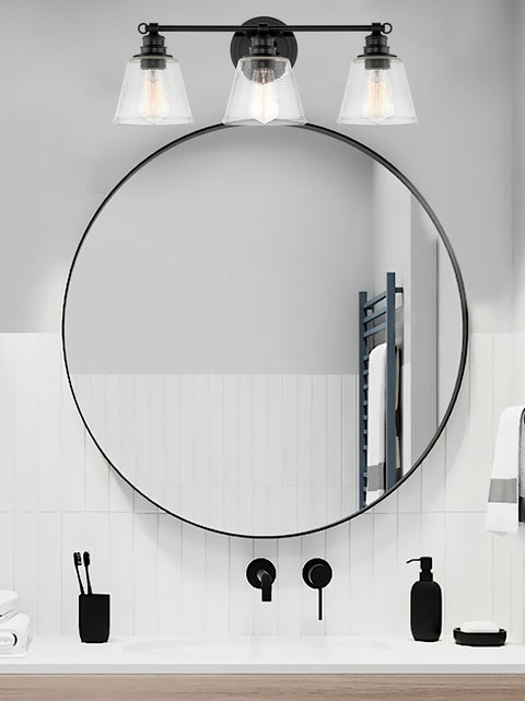 Kira Home Adair 23" 3-Light Modern Farmhouse Vanity / Bathroom Light + Conic Hammered Glass Shades, Black Finish