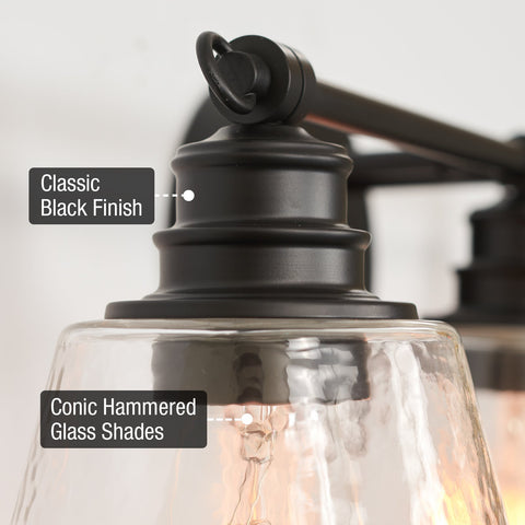 Kira Home Adair 23" 3-Light Modern Farmhouse Vanity / Bathroom Light + Conic Hammered Glass Shades, Black Finish
