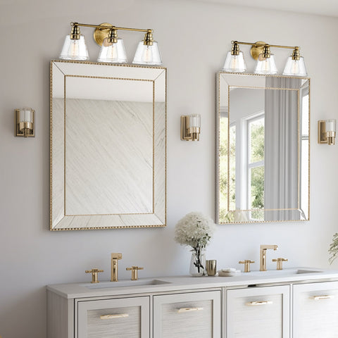 Kira Home Adair 23" 3-Light Modern Farmhouse Vanity/Bathroom Light, Conic Hammered Glass Shades + Cool Brass/Gold Finish | Chic Vanity Lighting Fixture, Perfect for Bathrooms