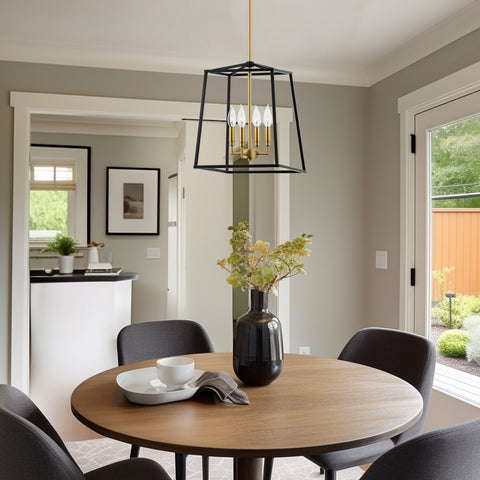 Kira Home Bellevue 15.5" 4-Light Modern Farmhouse Lantern Pendant Light, Adjustable Foyer Chandelier, Warm Brass Accents + Black Finish