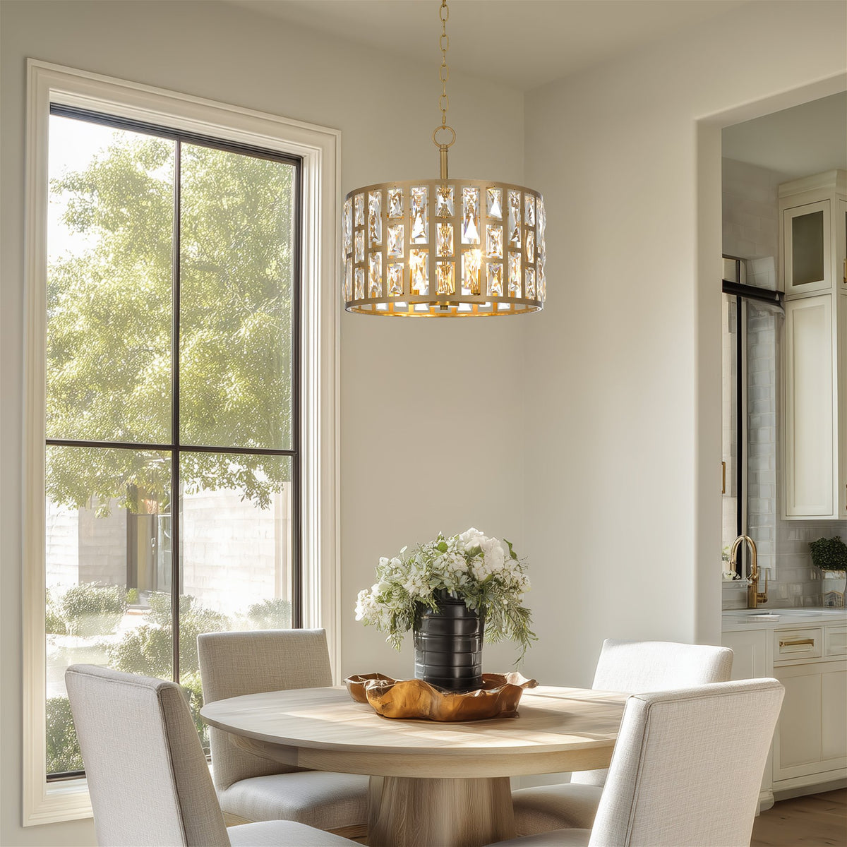 SHRINE Drum Chandelier – Modern Pendant Light Fixture 20x9 Inch, Adjustable Chain 59 Inch, E12 X 4 Sockets, White Shade & Black Frame