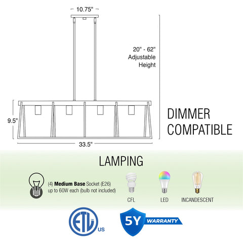 Ashley Harbour Lighting Houston 34" Modern Farmhouse 4-Light Linear Island Light Chandelier