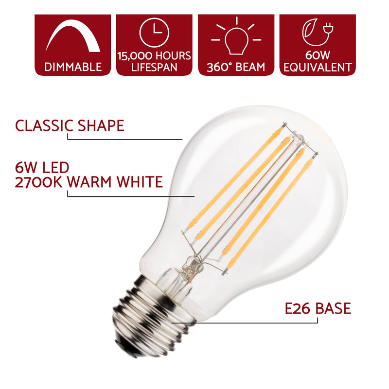 6W Dimmable LED (60W eq.) Classic Style Edison Bulbs, 2700K Warm White, 4 Pack