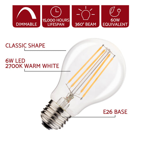 Revel 6W Dimmable LED Edison Light Bulbs, 2700K Warm White, 60W Equivalent, E26 Base, Classic Style Bulb Set, 4 Pack