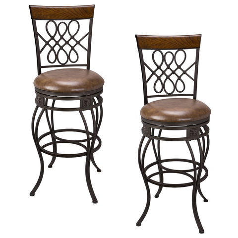 Kira Home Monarch I 30" Swivel Bar Stool, Brown Leatherette Seat Cushion, Scroll Backrest with Real Wood Accent, Old Steel Finish, Set of 2