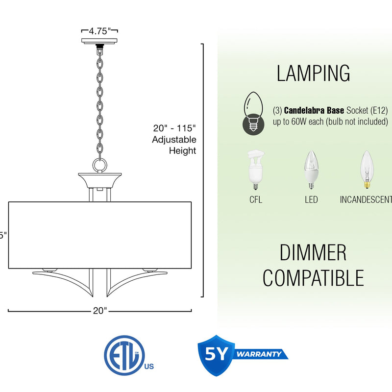 Alondra 20" Modern 3-Light Drum Chandelier