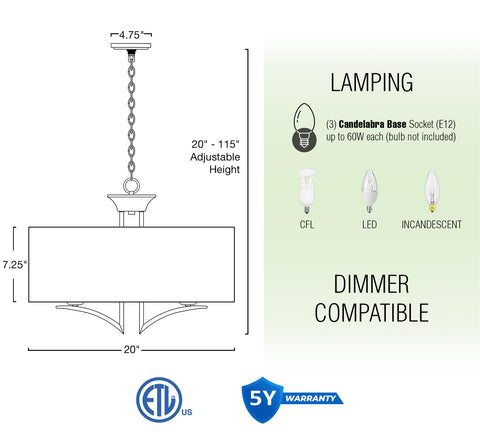 Alondra 20" Modern 3-Light Drum Chandelier