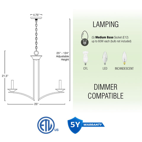 Lillie 25" Contemporary 5-Light Candle Chandelier