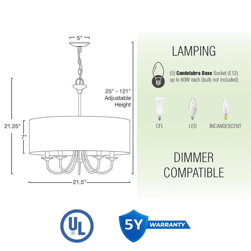 Quinn 22" Traditional 5-Light Hanging Chandelier