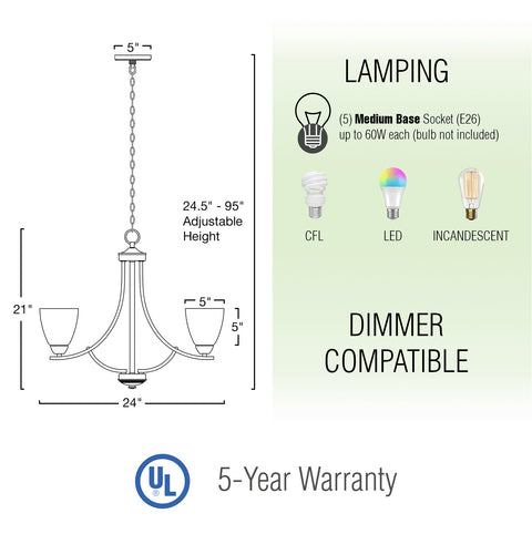 Weston 24" Contemporary 5-Light Large Hanging Chandelier