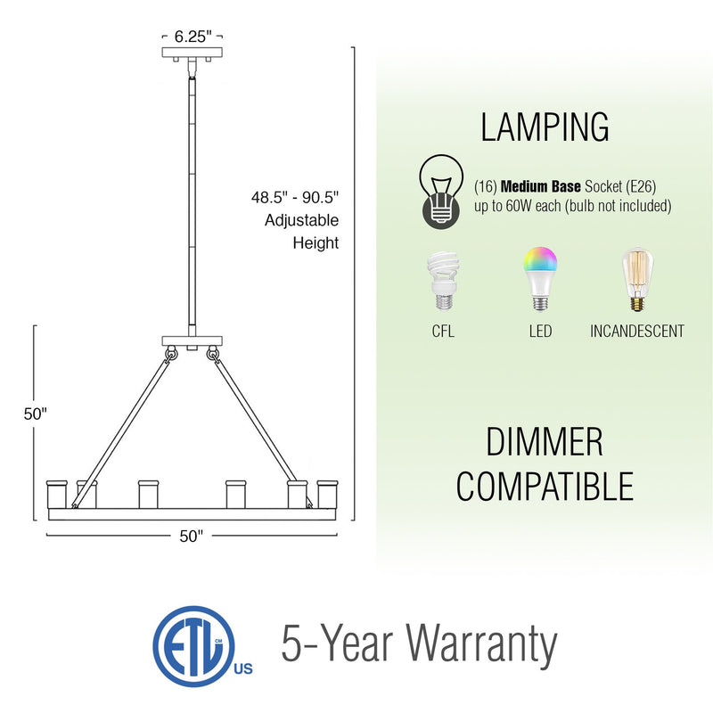 Homestead 50" 16-Light Large Industrial Rustic Farmhouse Wagon Wheel Kitchen Island Chandelier