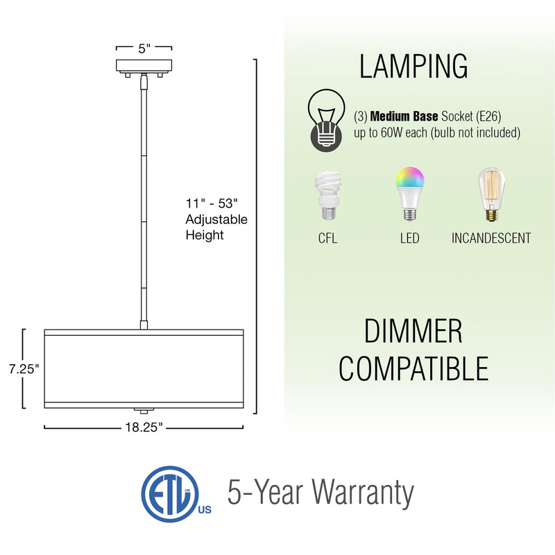 Nolan 18" Classic 3-Light Drum Pendant Chandelier