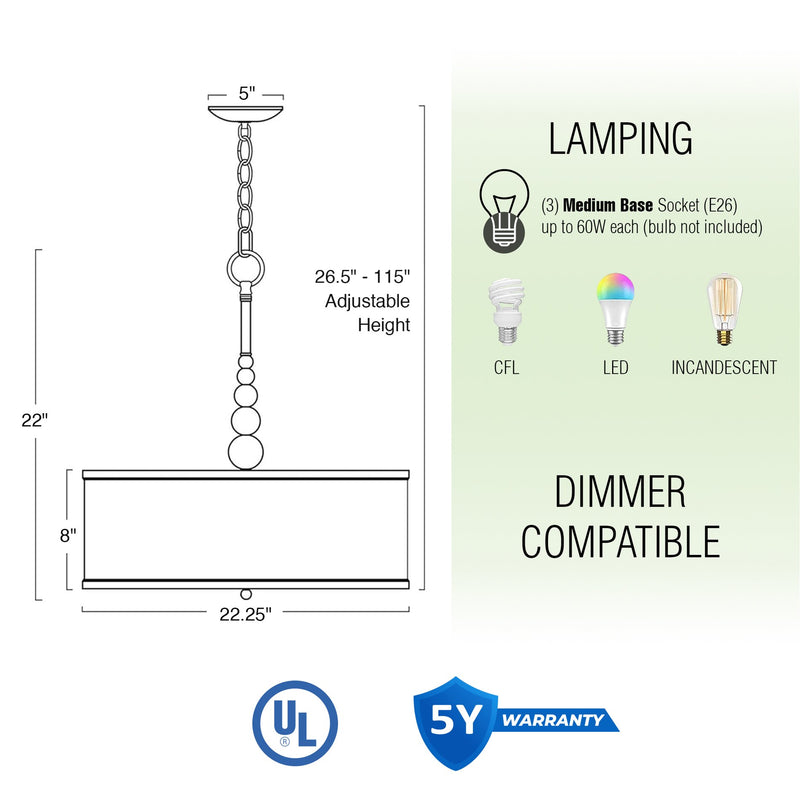 Adelade 23" Modern 3-Light Drum Pendant Chandelier