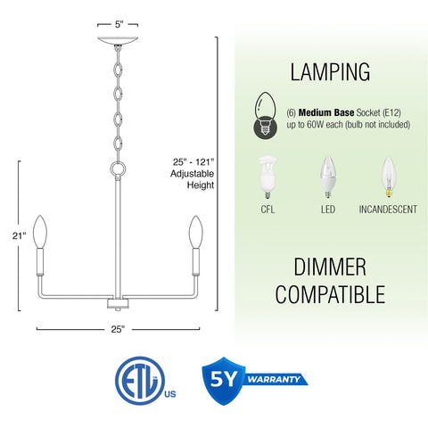 Kira Home Camille 25" 6-Light Modern Chandelier, Adjustable Hanging Height, Cool Brass Finish