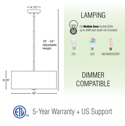 Pearl 18" Modern 3-Light Large Drum Pendant Chandelier