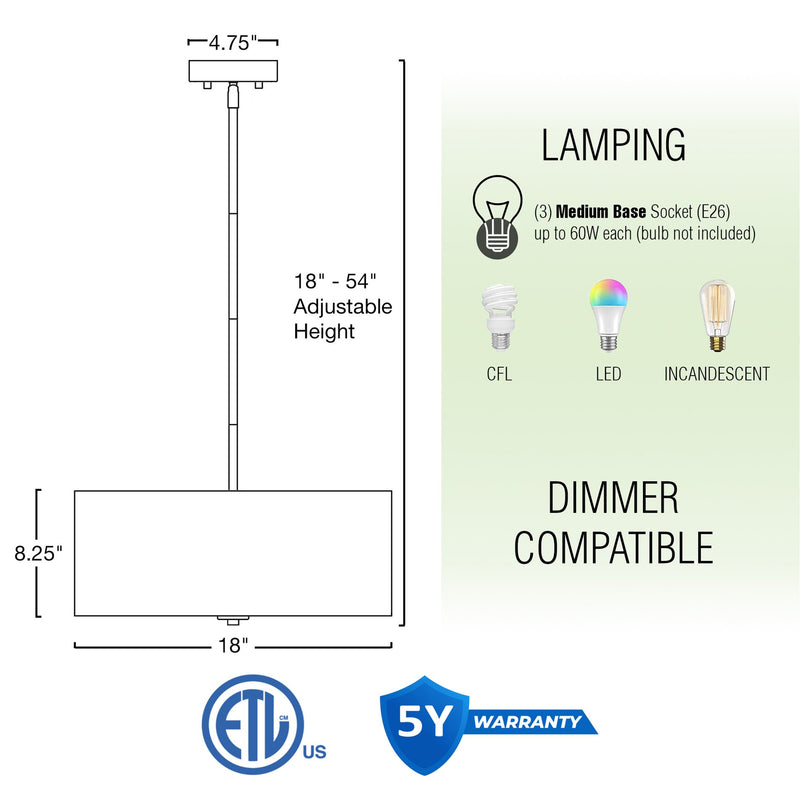 Pearl 18" Modern 3-Light Large Drum Pendant Chandelier