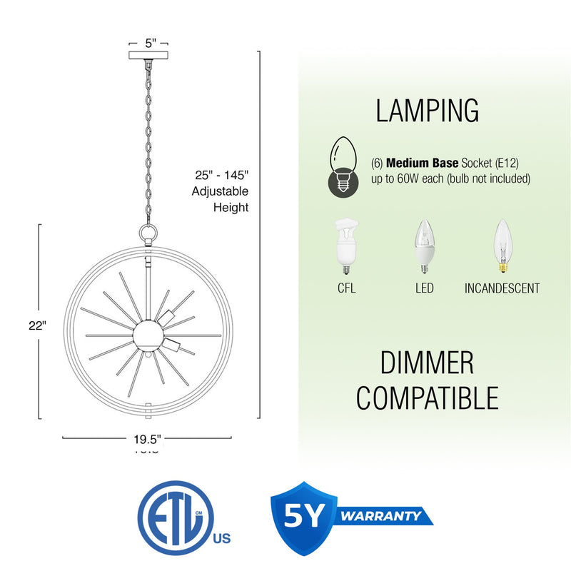 Solaris 22" 6-Light Modern Orb/Globe Sputnik Starburst Chandelier
