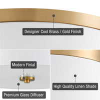 Kira Home Walker 20" Large Mid-Century Modern 3-Light Flush Mount Ceiling Light, White Fabric Shade + Round Glass Diffuser, Cool Brass Finish