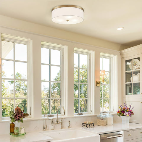 Kira Home Walker 20" Large Mid-Century Modern 3-Light Flush Mount Ceiling Light, White Fabric Shade + Round Glass Diffuser, Cool Brass Finish