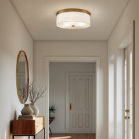 Kira Home Walker 20" Large Mid-Century Modern 3-Light Flush Mount Ceiling Light, White Fabric Shade + Round Glass Diffuser, Cool Brass Finish