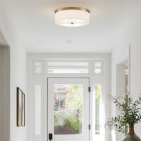 Kira Home Walker 20" Large Mid-Century Modern 3-Light Flush Mount Ceiling Light, White Fabric Shade + Round Glass Diffuser, Cool Brass Finish