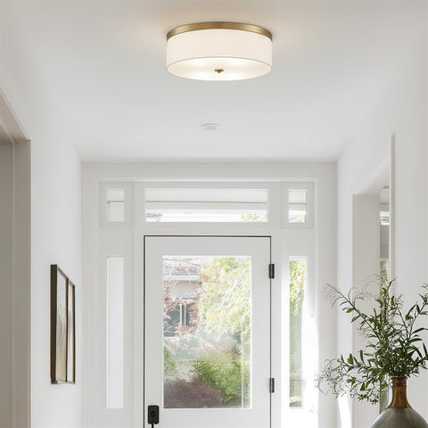 Kira Home Walker 20" Large Mid-Century Modern 3-Light Flush Mount Ceiling Light, White Fabric Shade + Round Glass Diffuser, Cool Brass Finish