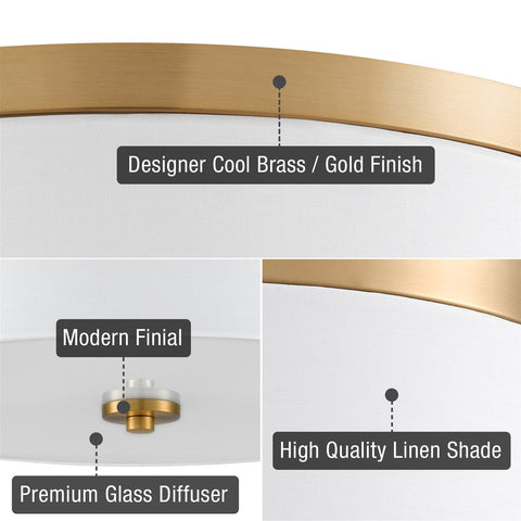 Kira Home Walker 15" Modern Drum Gold Flush Mount Ceiling Light, White Fabric Shade with Frosted Glass Diffuser, 3-Light Close to Ceiling Fixture, Cool Brass Finish