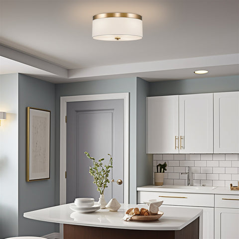 Kira Home Walker 15" Modern Drum Gold Flush Mount Ceiling Light, White Fabric Shade with Frosted Glass Diffuser, 3-Light Close to Ceiling Fixture, Cool Brass Finish