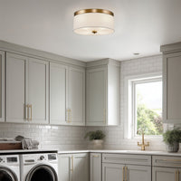 Kira Home Walker 15" Mid-Century Modern 3-Light Flush Mount Ceiling Light, White Fabric Shade + Round Glass Diffuser, Cool Brass Finish