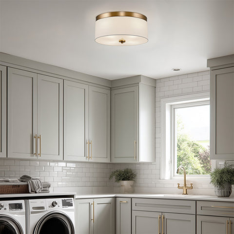 Kira Home Walker 15" Modern Drum Gold Flush Mount Ceiling Light, White Fabric Shade with Frosted Glass Diffuser, 3-Light Close to Ceiling Fixture, Cool Brass Finish