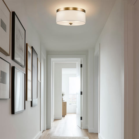 Kira Home Walker 15" Modern Drum Gold Flush Mount Ceiling Light, White Fabric Shade with Frosted Glass Diffuser, 3-Light Close to Ceiling Fixture, Cool Brass Finish