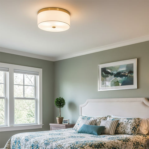 Kira Home Walker 15" Modern Drum Gold Flush Mount Ceiling Light, White Fabric Shade with Frosted Glass Diffuser, 3-Light Close to Ceiling Fixture, Cool Brass Finish