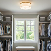 Kira Home Walker 15" Mid-Century Modern 3-Light Flush Mount Ceiling Light, White Fabric Shade + Round Glass Diffuser, Cool Brass Finish