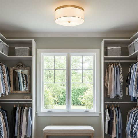 Kira Home Walker 15" Modern Drum Gold Flush Mount Ceiling Light, White Fabric Shade with Frosted Glass Diffuser, 3-Light Close to Ceiling Fixture, Cool Brass Finish