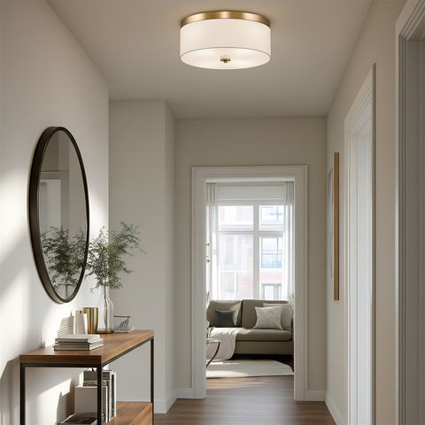 Kira Home Walker 15" Modern Drum Gold Flush Mount Ceiling Light, White Fabric Shade with Frosted Glass Diffuser, 3-Light Close to Ceiling Fixture, Cool Brass Finish