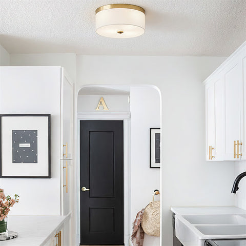 Kira Home Walker 15" Modern Drum Gold Flush Mount Ceiling Light, White Fabric Shade with Frosted Glass Diffuser, 3-Light Close to Ceiling Fixture, Cool Brass Finish