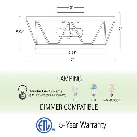 Sterling 17" 3-Light Modern Farmhouse Flush Mount Ceiling Light