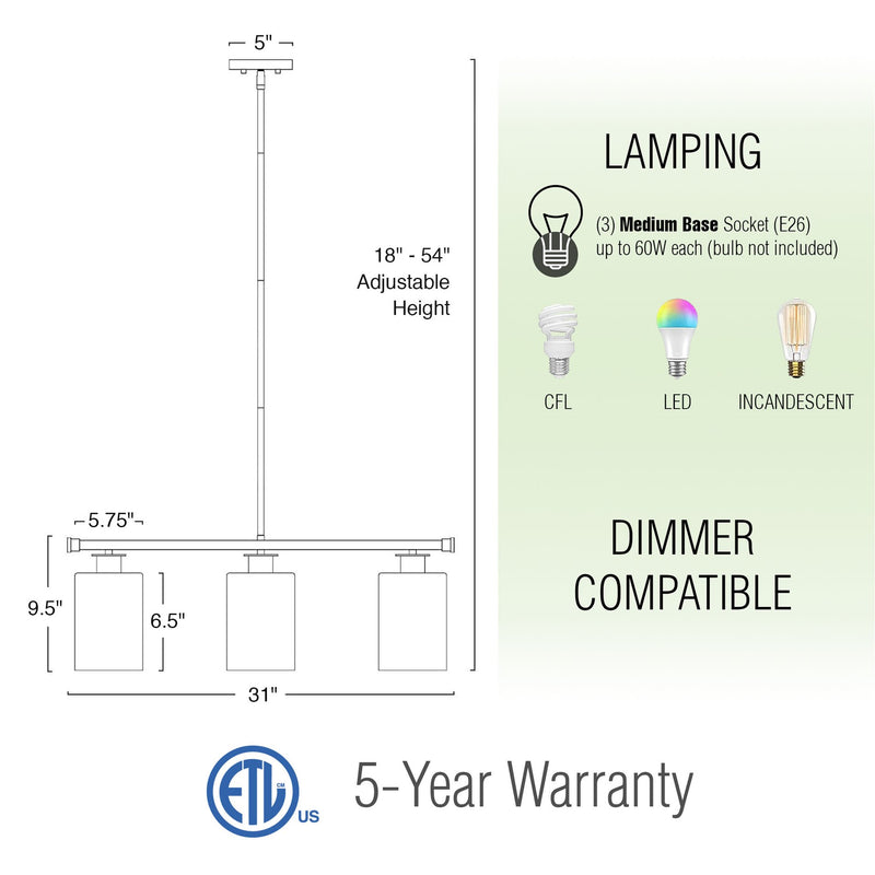 Sloane 31" 3-Light Modern Industrial Farmhouse Island Light
