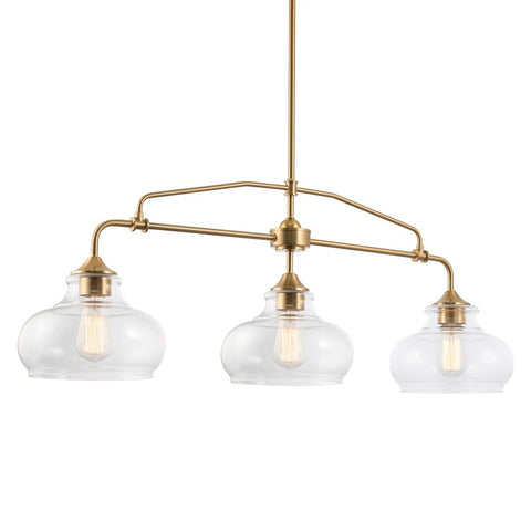 Kira Home Harlow 38" Modern Industrial Farmhouse 3-Light Kitchen Island Light with Clear Glass Shades, Adjustable Hanging Height, For Dining Room, Living Room or Kitchen, Cool Brass Finish